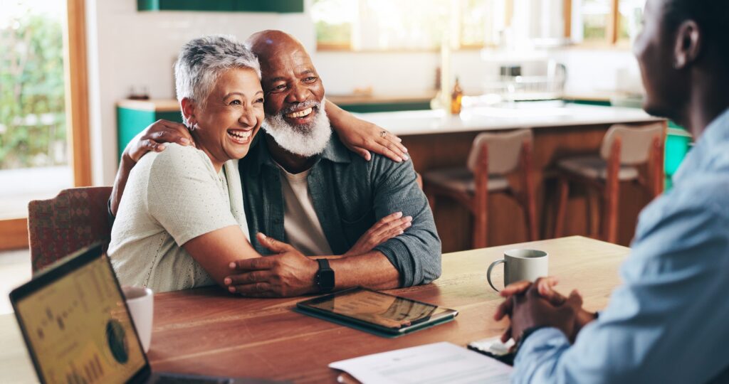 Hug, meeting and success with old couple with financial advisor for retirement fund, fraud protecti